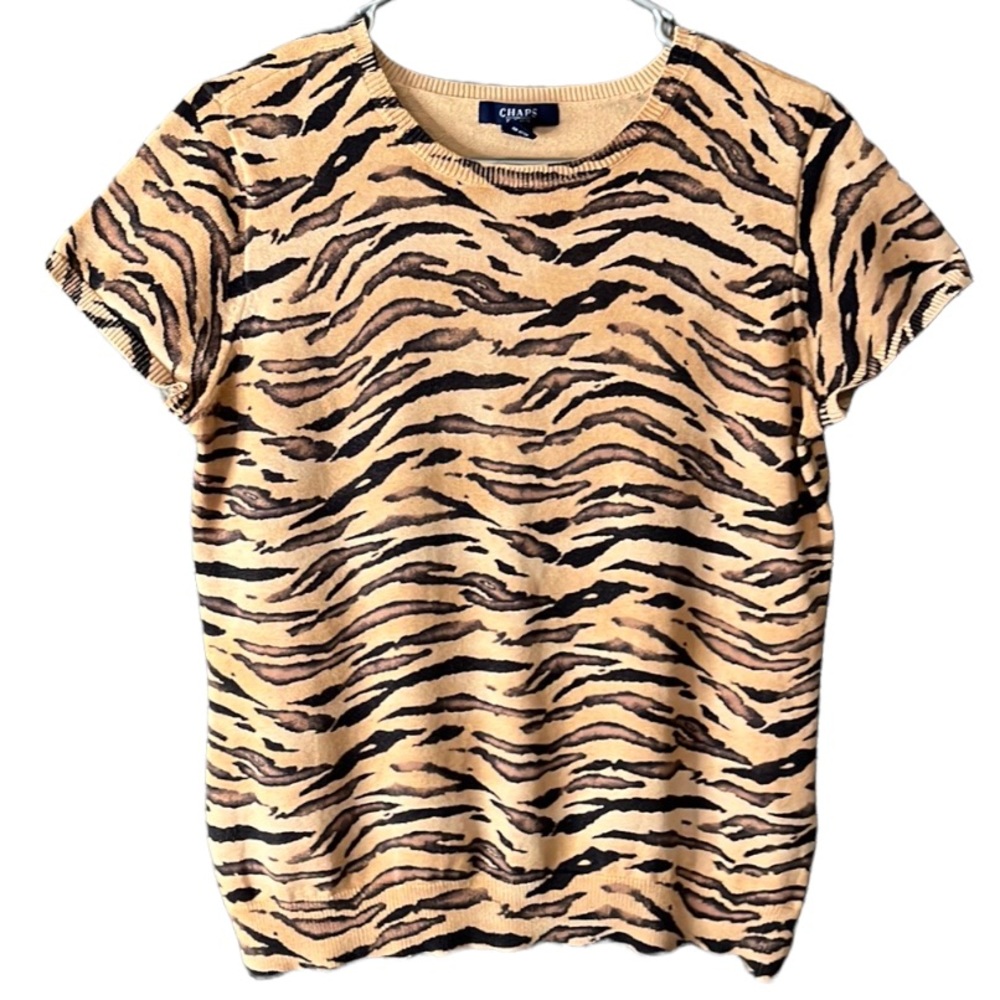 Chaps Tiger-Print Crewneck Sweater Tee in Tan and Black